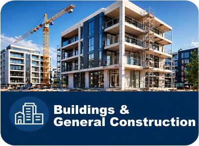 Construction site with a multi-story building and crane; blue banner at bottom reads 'Buildings & General Construction' with a white building icon.