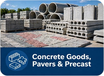 Stacks of concrete pavers, blocks, and pipes in an outdoor yard, overlaid with a blue banner that reads 'Concrete Goods, Pavers & Precast'.