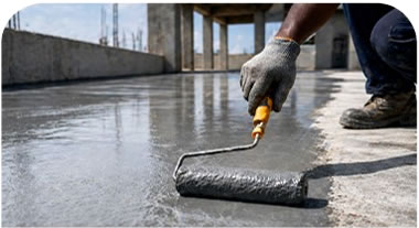 Construction worker in gloves rolling fresh concrete on a flat floor; construction site in background.