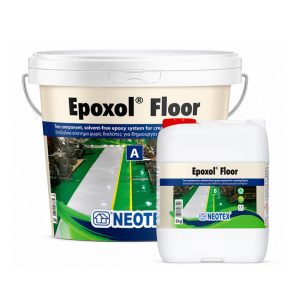 Two-part Epoxol Floor epoxy coating kit: a large bucket and a smaller container labeled A and B on the label.