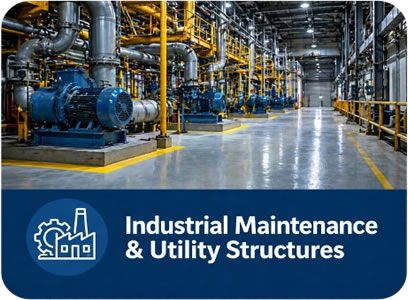 Industrial maintenance facility with piping, pumps, and yellow safety rails; bottom banner shows the logo and 'Industrial Maintenance & Utility Structures'.