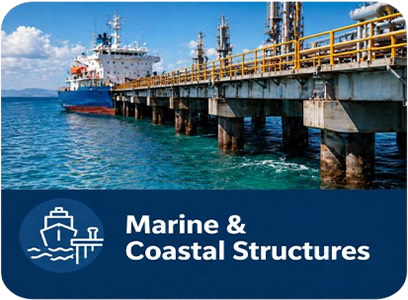 Pier extends over blue water with a ship nearby; a dark blue banner reads 'Marine & Coastal Structures' with a white logo.