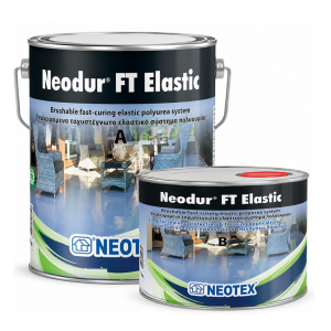 Two cans of Neodur FT Elastic polyurethane system (A and B) used for floor sealing and elastomeric coatings, shown in a showroom-like setting with furniture image on labels.