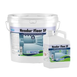 Two white containers of Neodur Floor SF floor coating: a large pail with a handle and a smaller bottle, both labeled Neodur Floor SF.