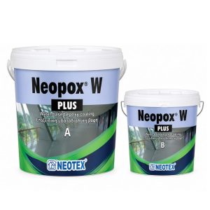 Two Neotex Neopox W Plus water-based epoxy coating containers labeled A and B.