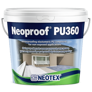 Paint bucket labeled Neoproof PU360 by Neotex, for waterproof elastomeric PU coating on exteriors.