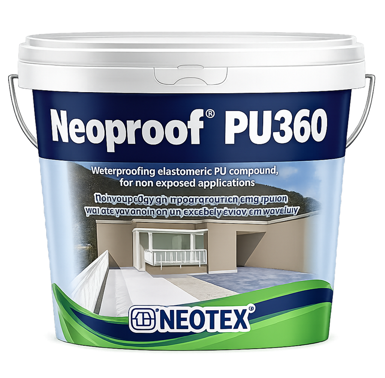 Neoproof® PU360 - Everkast Paint bucket labeled Neoproof PU360 by Neotex, for waterproof elastomeric PU coating on exteriors.