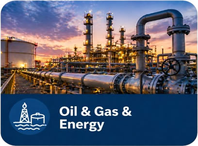 Oil refinery with extensive piping and towers at sunset; blue banner in the foreground reads 'Oil & Gas & Energy' with a logo.