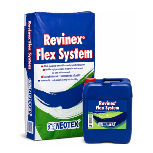 Revinex Flex System waterproofing kit with a large blue bag and a blue 5 kg container labeled Neotex. Perfect for sealing and waterproofing projects.