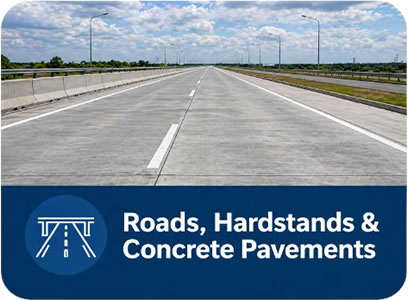 Straight highway converging to the horizon with a blue banner reading 'Roads, Hardstands & Concrete Pavements' and a logo.