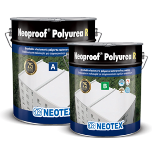 Two Neoproof Polyurea R waterproofing paint cans labeled A and B, blue-and-white packaging with the NEOTEX logo, shown side by side.