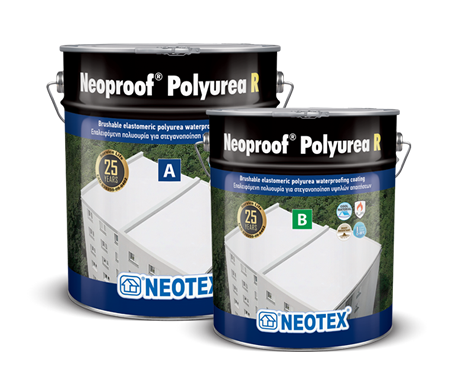 neoproofpolyurear_154_1 - Everkast Two Neoproof Polyurea R waterproofing paint cans labeled A and B, blue-and-white packaging with the NEOTEX logo, shown side by side.