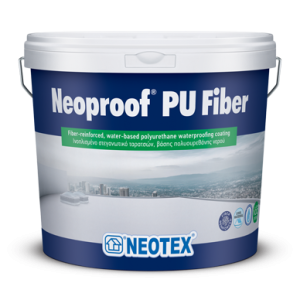 Bucket of Neoproof PU Fiber waterproof coating by Neotex, labeled as fiber-reinforced, water-based polyurethane coating.