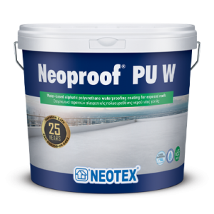 Neoproof PU W water-based roof coating bucket by Neotex, blue‑white container with a 25‑year badge.