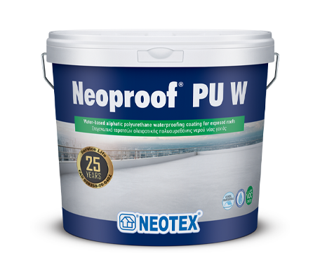 neoproofpuw_1_1 - Everkast Neoproof PU W water-based roof coating bucket by Neotex, blue‑white container with a 25‑year badge.
