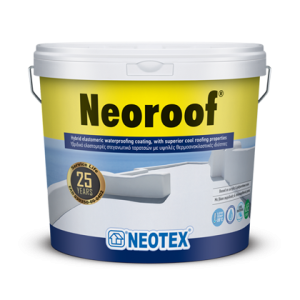 Bucket of Neoroof waterproofing coating by Neotex, yellow label with blue base and a 25-year service life badge.