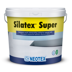 Container of Silatex Super elastomeric acrylic waterproofing coating for exposed roofs; blue/white can with yellow label and Neotex logo.