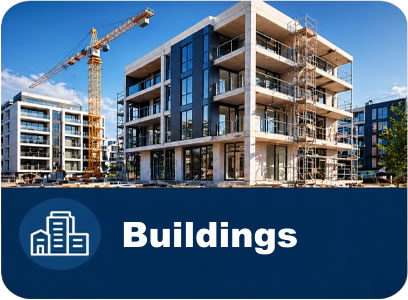 Modern construction site with a crane beside a multi-story building; blue banner reads 'Buildings' with a building icon.