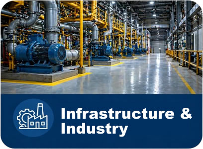 Industrial plant interior with blue machinery, yellow rails, and a banner reading 'Infrastructure & Industry'.