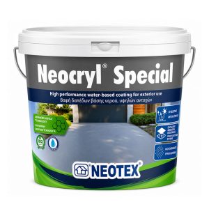 Paint bucket labeled Neocryl Special with exterior water-based coating by Neotex, shown on a driveway scene.