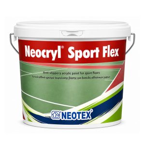 Paint bucket labeled 'Neocryl Sport Flex' by Neotex, anti-slip acrylic paint for sport floors