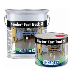 Two Neodur Fast Track SF cans (A and B) for solvent-free flooring systems, shown on a white background with Neotex branding.