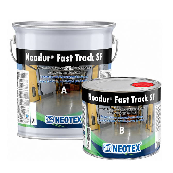 Neodur® Fast Track SF - Everkast Two Neodur Fast Track SF cans (A and B) for solvent-free flooring systems, shown on a white background with Neotex branding.