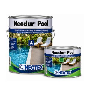 Two Neotex Neodur Pool coating cans (A and B) shown, with a pool and lounge chairs in the background.