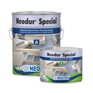 Two Neodur Special polyurethane flooring coating cans, a large can labeled 'A' and a smaller can labeled 'B', featuring blue and green branding and the Neotex logo.