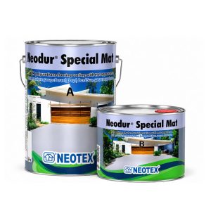Two cans of Neodur Special Mat polyurethane flooring coating (Neotex) with a modern house image on the label.