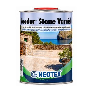 Can of Neodur Stone Varnish by Neotex with a stone terrace and coastal scene on the label.