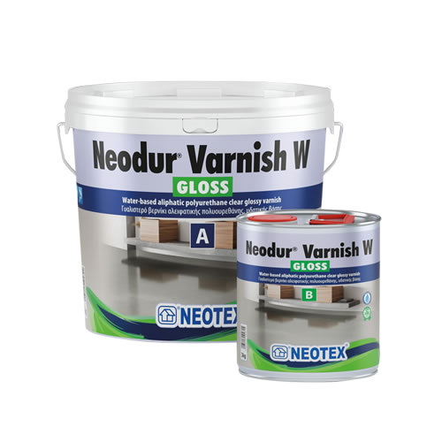 Neodur® Varnish W Gloss - Everkast Two Neotex Neodur Varnish W Gloss containers (a large pail and a small can) with blue labels and 'A'/'B' components visible on the front.