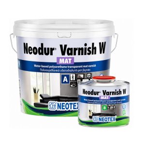 Two Neotex Neodur Varnish W MAT containers—a large white bucket and a smaller can—labelled water-based polyurethane varnish with a matte finish for wood/furniture.