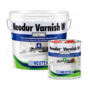 Two Neotex Neodur Varnish W Satin cans (large bucket and small can) in a light living-room setting.