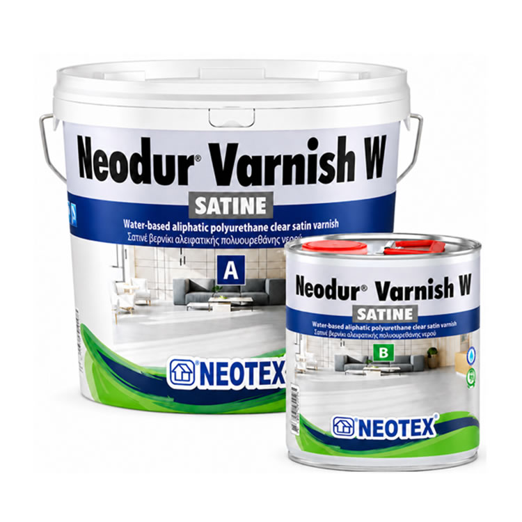 Neodur® Varnish W Satine - Everkast Two Neotex Neodur Varnish W Satin cans (large bucket and small can) in a light living-room setting.