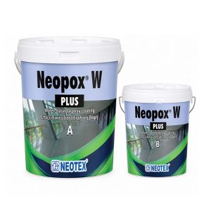 Two Neotex Neopox W Plus water-based epoxy coating buckets labeled A and B, with blue and green branding on a white background.