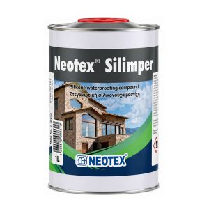 Can of Neotex Silimper silicone waterproofing compound; label shows a stone house image and branding for masonry waterproofing used on buildings, 1L