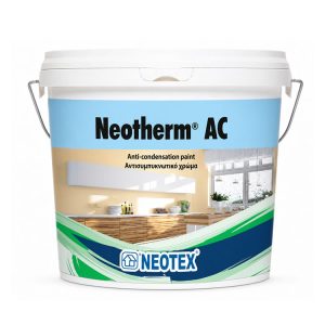 Paint can labeled Neotherm AC anti-condensation paint with a kitchen scene on the label, branded Neotex.