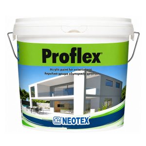 Green-labeled Proflex acrylic exterior paint bucket by Neotex, featuring a modern white house on the label
