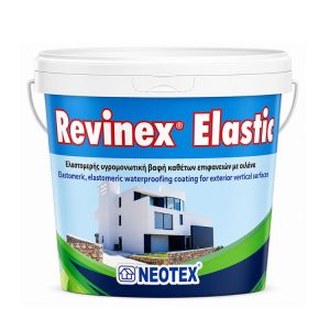 Revnex Elastic elastomeric waterproof coating bucket with a modern white house illustration and Neotex logo