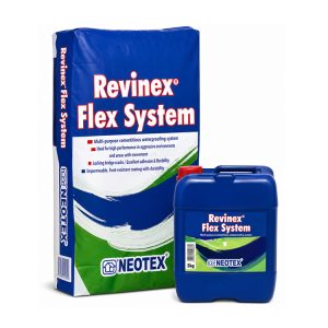 Revinex Flex System waterproofing kit featuring a large blue bag and a blue container with Neotex branding.