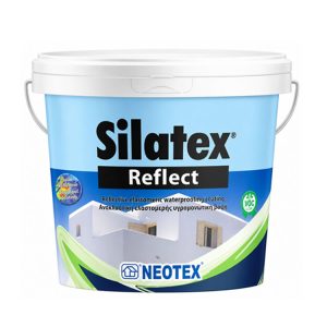 Blue bucket labeled Silatex Reflect with white lid and metal handle, a container for reflective waterproof coating.